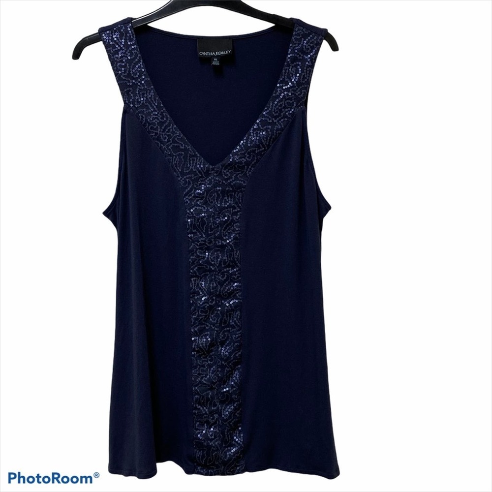 Cynthia Rowley Sequin Stretch Sleeveless Blouse XL navy blue